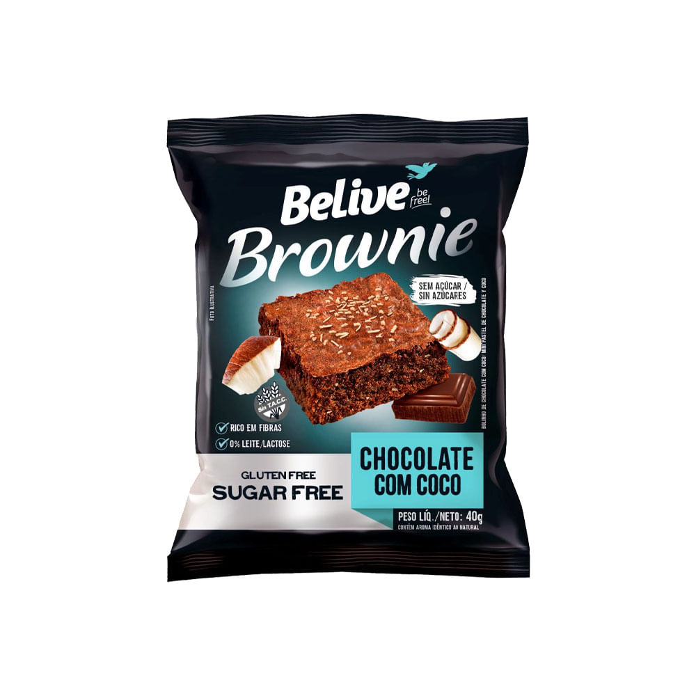 Brownie Sem Glúten e Lactose Zero Açúcar Sabor Chocolate e Coco 40g Belive