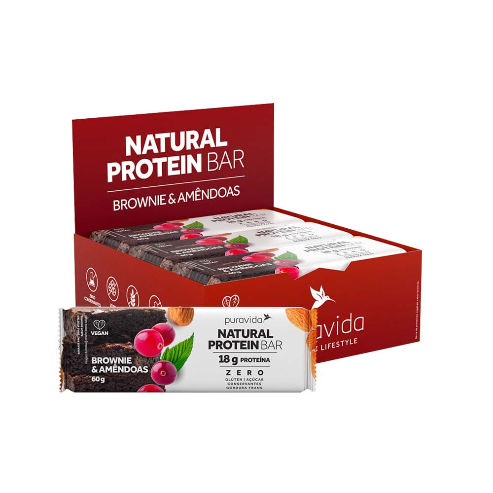 Barra de Proteína Vegana Sabor Brownie e Amêndoas Natural Protein Bar 60g PuraVida