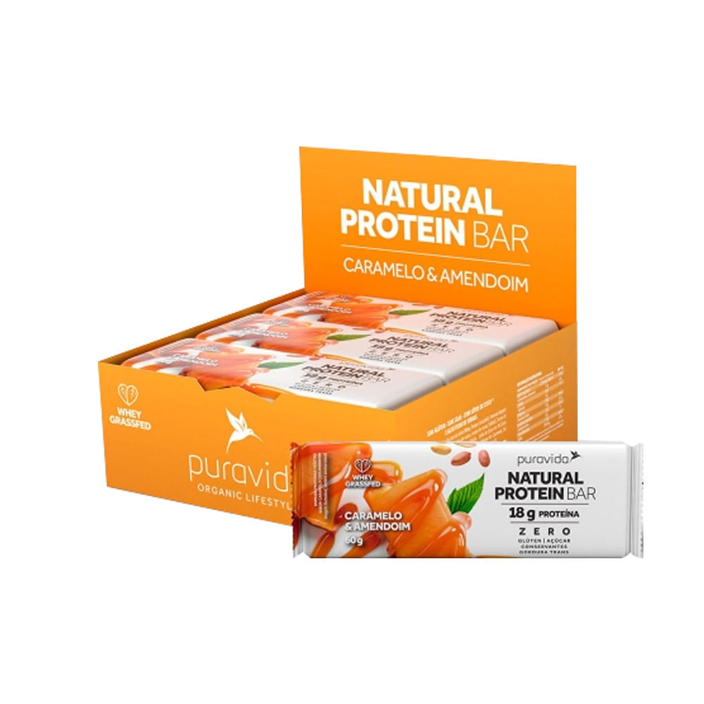 Barra de Proteína Sabor Caramelo e Amendoim Natural Protein Bar 60g PuraVida