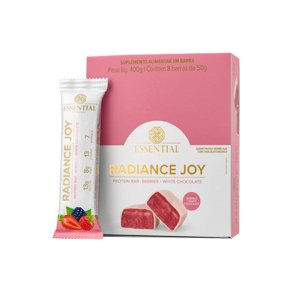 Radiance Joy Barra de Proteína Berries e Chocolate Branco Box 8 Barras Essential Nutrition