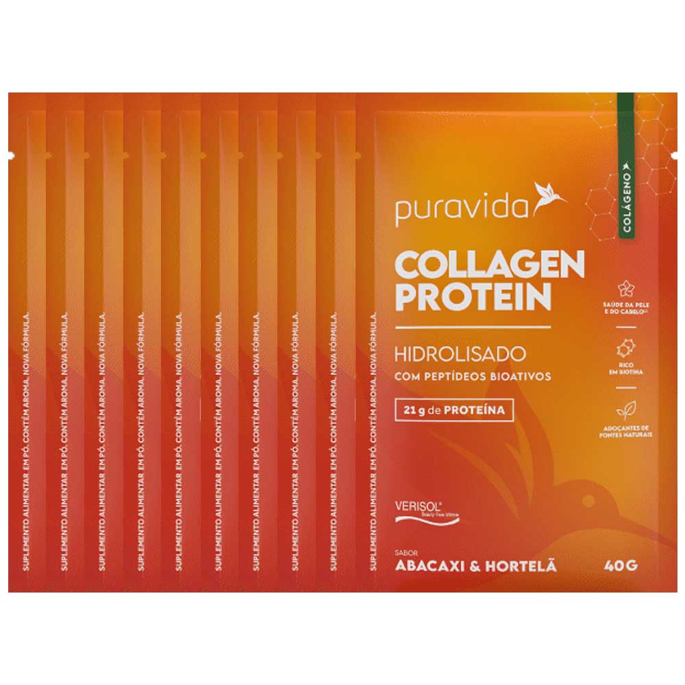 Collagen Protein Hidrolisado com Peptídeos Bioativos Abacaxi e Hortelã 40g PuraVida