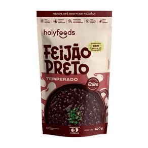 Embalagem-stand-up-pouch-de-Feijao-Preto-temperado-da-marca-HolyFoods-com-destaque-para-22g-de-proteina-e-preparo-sem-panela-de-pressao.