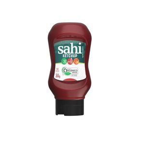 Embalagem-plastica-de-Ketchup-organico-Sahi-200g-na-cor-vermelha-com-tampa-preta-rotulo-verde-e-branco-com-selos-de-produto-vegano.